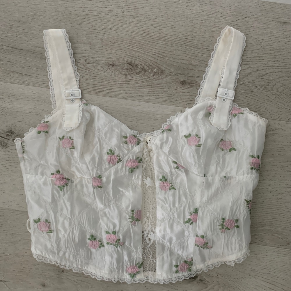 For Love & Lemons White Floral Lace Corset Top Pink Rose Embroidered XL